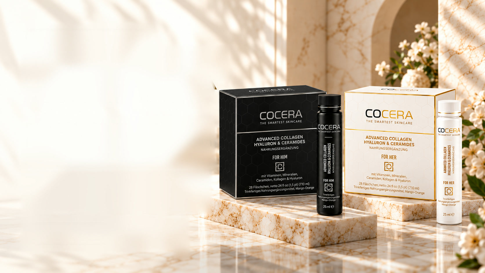 COCERA packs For Him and For Her with vials on marble, with an archway and blossoms