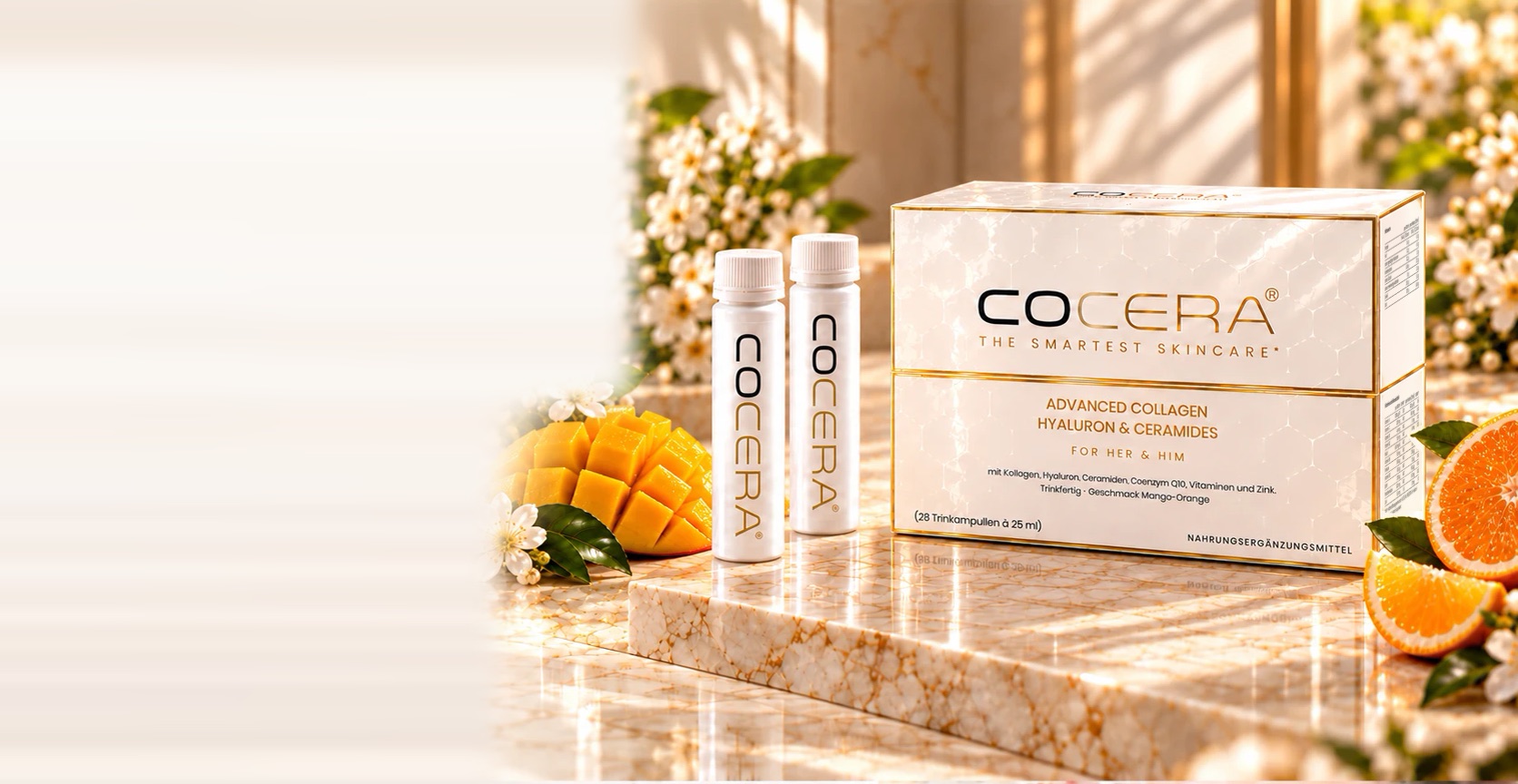 COCERA Packung For Her & Him mit zwei Trinkampullen, Mango, Orange und Blüten auf Marmor