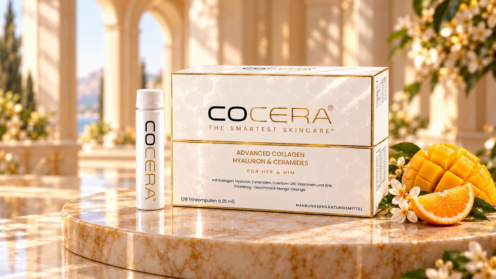 COCERA Packung For Her & Him mit Trinkampulle, Mango und Orange auf einer Marmorterrasse