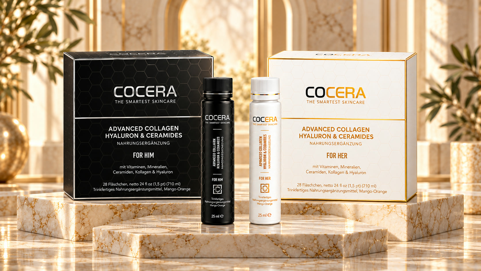 COCERA packs For Him and For Her with vials on a marble plinth